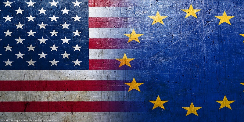European Union and United States flags on the grunge metal backg